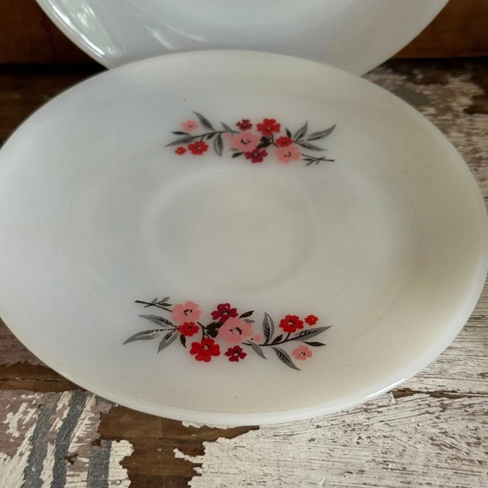 Vintage Fire-King Primrose Milk Glass Saucers Red Pink Floral MCM Retro Kitchen